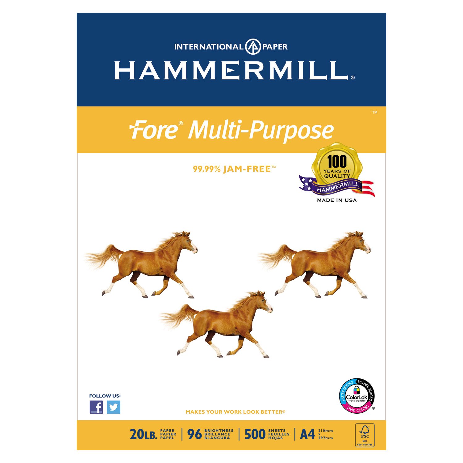 Hammermill A4 Paper, Fore Multipurpose 20 lb Printer Paper - 1 Ream (500 Sheets) - 96 Bright, Made in the USA, 103036