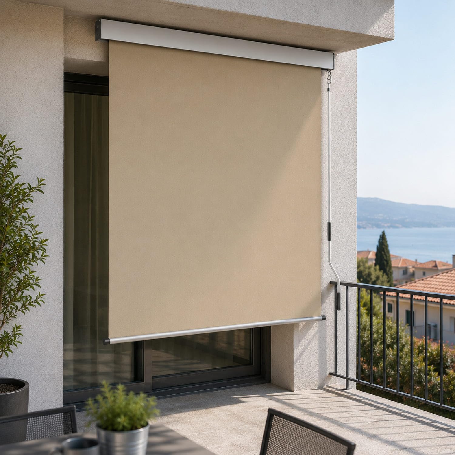 Tenda Verticale Da Sole Frangivista E Parasole Con Cassonetto In Alluminio E Manovella Rimovibile Idrorepellente Per Balcone Terrazza Veranda 180 X 250 Cm Beige