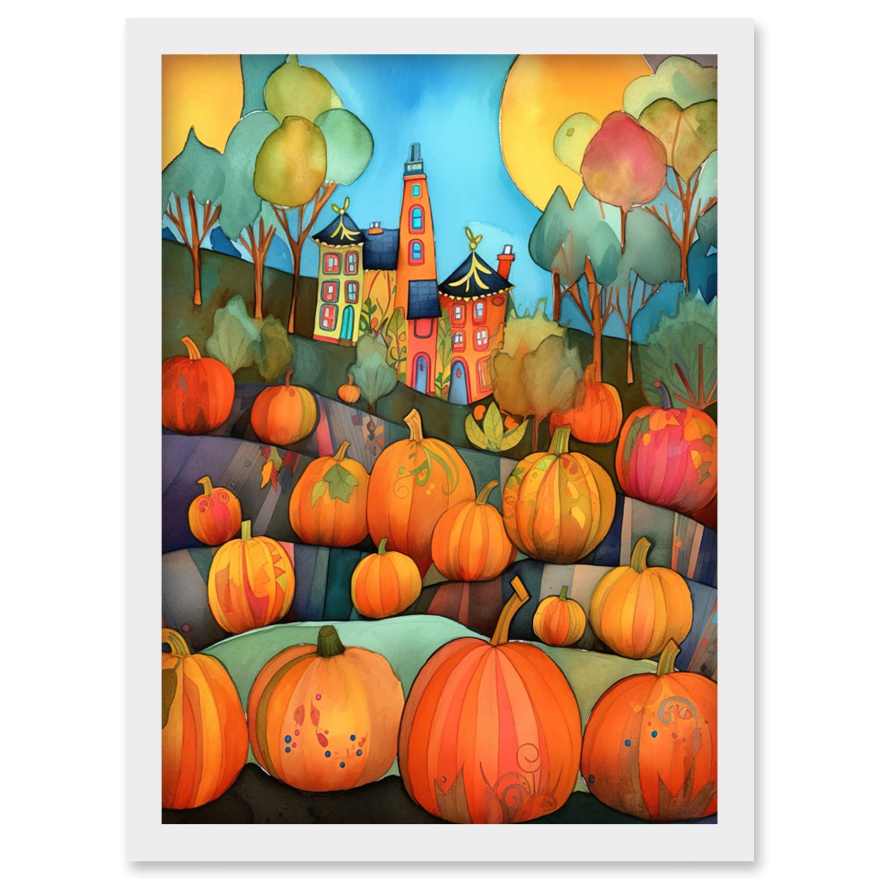 Artery8 Farm House Halloween Pumpkin Patch Modern Folk Art Watercolour Painting Artwork Framed Wall Art Print A4