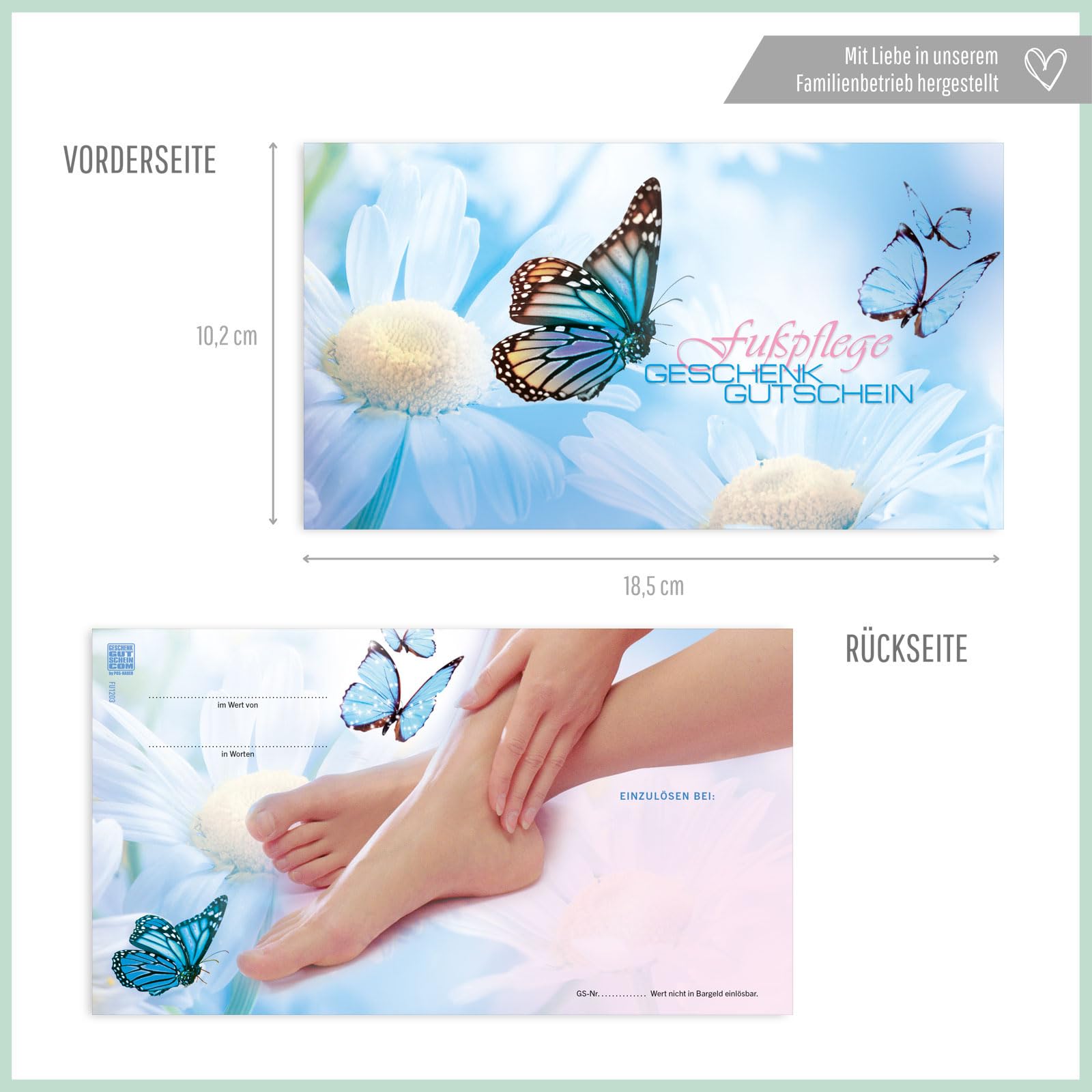 Gutschein-Set. 100x Gutschein + Kuvert. Für Fußpflegesalons Podologie blanko zum selber Ausfüllen.