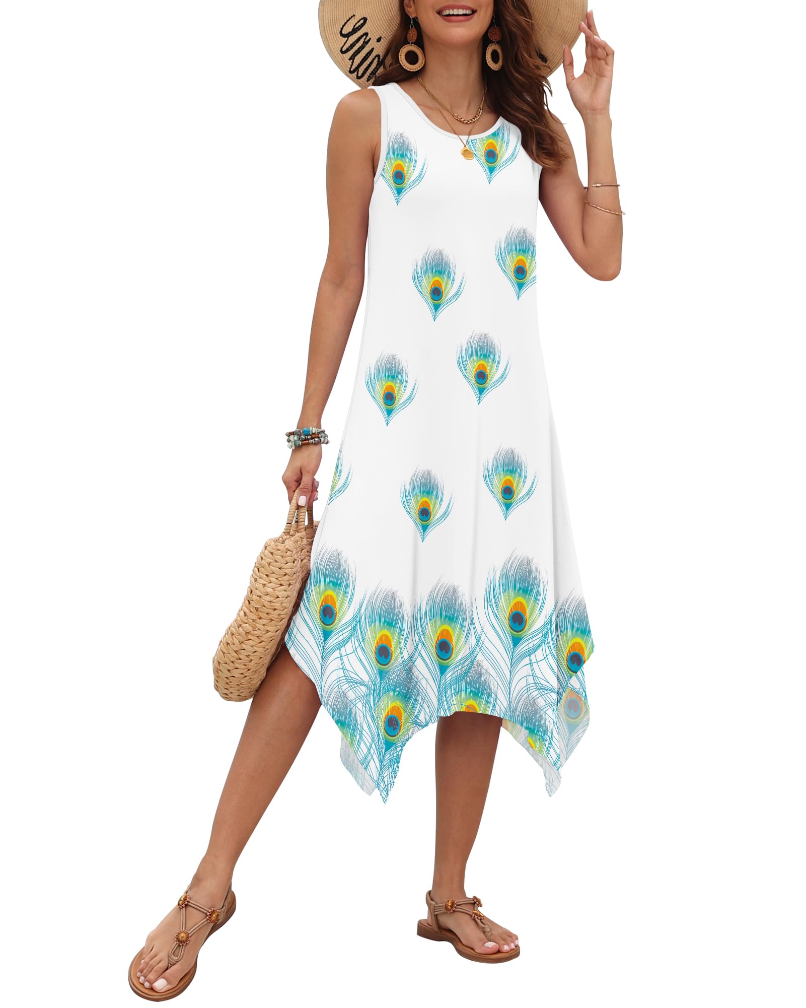 AUSELILY Women's Summer Dresses 2026 Casual Sleeveless Sundress Asymmetrical Hem Midi Tank Beach Dress with Pockets