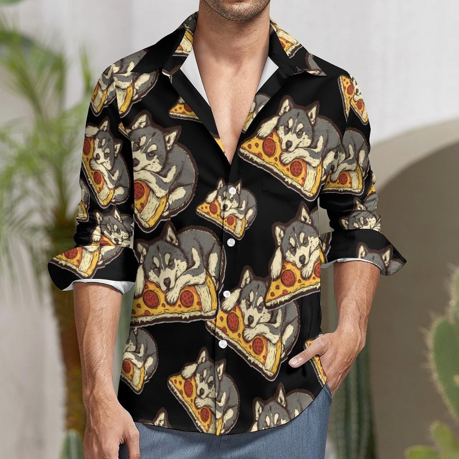 Siberian Husky Pizza Long Sleeve Shirts Casual Dress Shirt Button-down T-shirts for Men