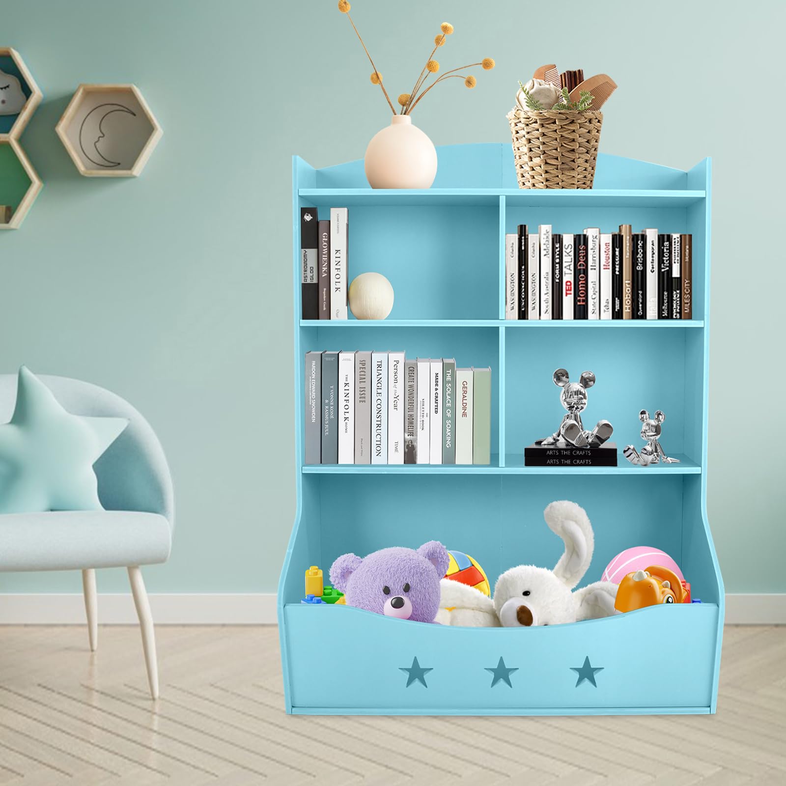 Kids' Storage Organizer with Bookcase 4-Tier Book and Toy Storage Cabinet Open Storage Cubby Kid’s Multi Shelf Cubby for Books Toys Home Organization Toy Bookcase