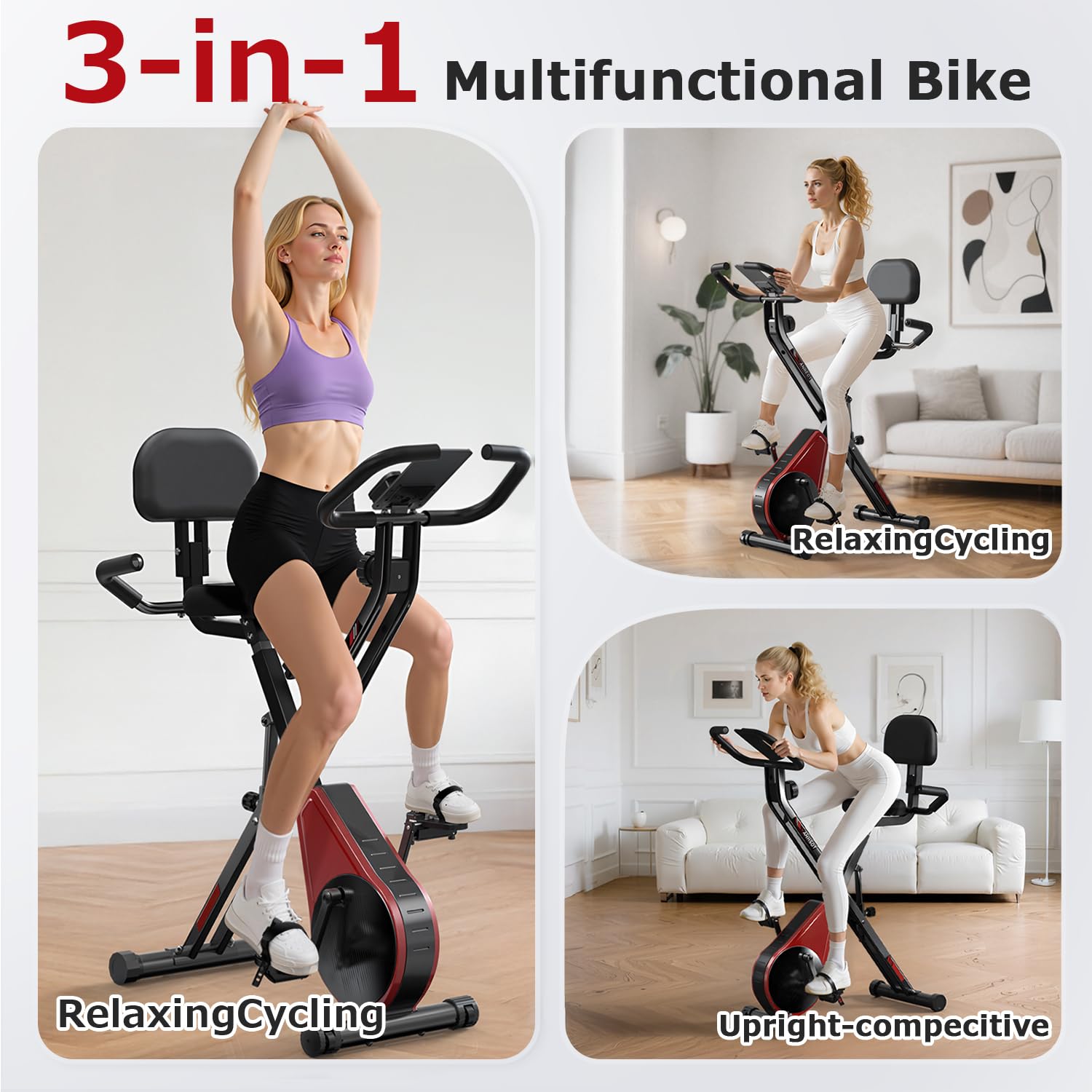 VANNECT Cyclette Pieghevole 3 in 1, Cyclette da Casa con 16 Livelli di Resistenza, Monitor LCD con Misuratore Frequenza Cardiaca, Ergometro Pieghevole con Sedile di Comfort per Casa e Ufficio 150KG