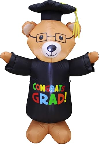 Miniatura 2 de Paquete de dos decoraciones de fiesta de graduación, incluye un oso de peluche marrón inflable de 4 pies de alto con gorra y gafas de bata, y mano