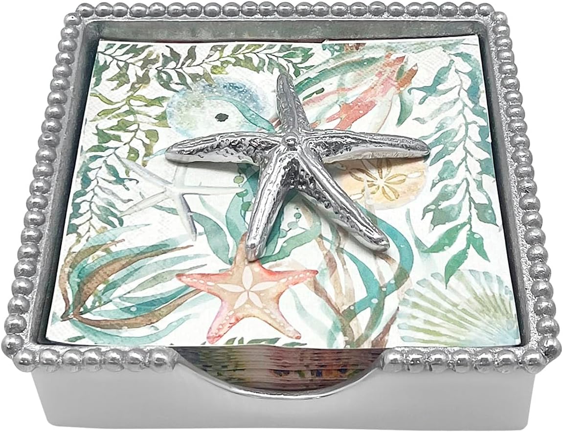 MARIPOSA SPINY STARFISH BEADED NAPKIN BOX SET | SILVER | BRILLANTE | GIFTS | NAPKIN BOX & WEIGHT SET | RECYCLED SANDCAST ALUMINUM | HANDMADE IN MEXICO