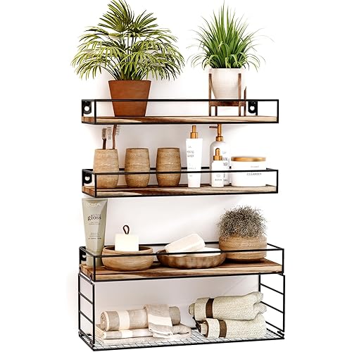 Oxendon Bathroom Floating Shelves with Paper Basket, Farmhouse Bathroom Shelves Over Toilet Small Shelves for Wall Decor Wall Mounted Shelves for Bedroom Kitchen Office, Rustic Brown