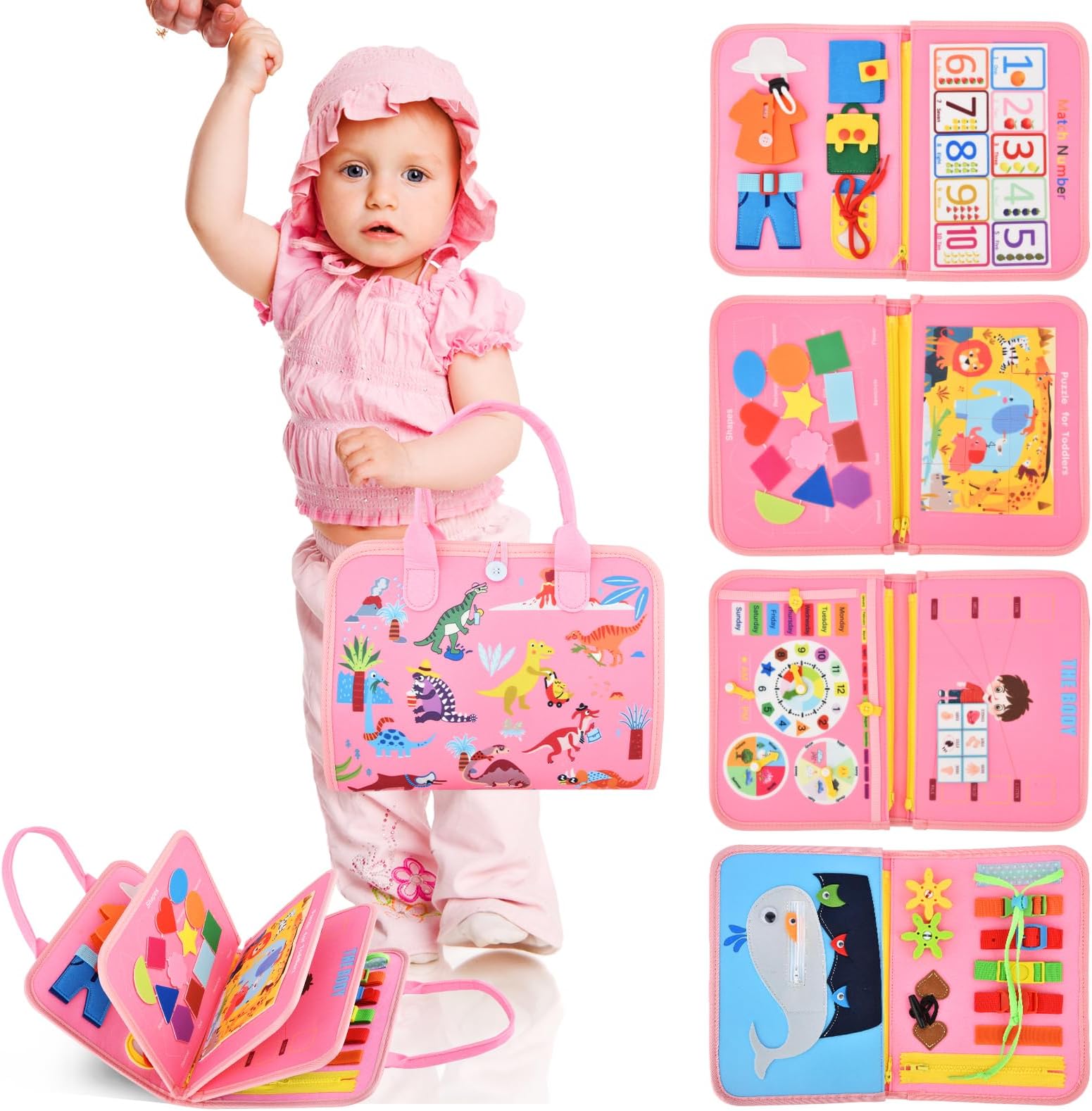 Busy Board, Busy Board for Toddlers, Montessori Toys Sensory Activities Preschool Educational Learning Toys Baby Gift for 1 2 3 4 5 6 Years, Fine Motor Skills Kids Airplane Car Travel Toys - Pink