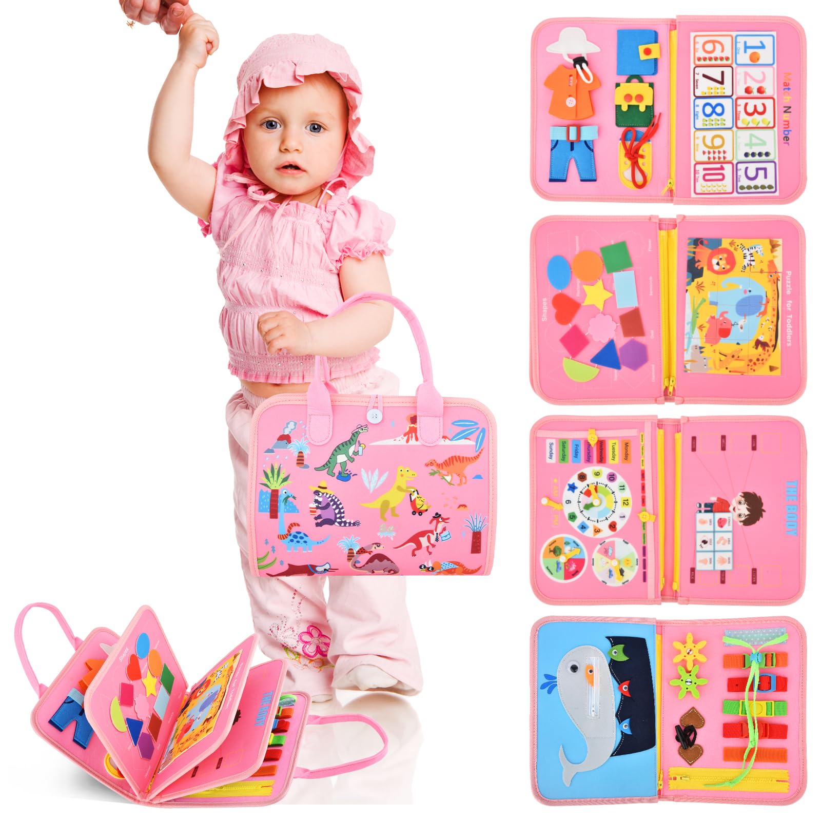 Busy Board, Busy Board for Toddlers, Montessori Toys Sensory Activities Preschool Educational Learning Toys Baby Gift for 1 2 3 4 5 6 Years, Fine Motor Skills Kids Airplane Car Travel Toys - Pink