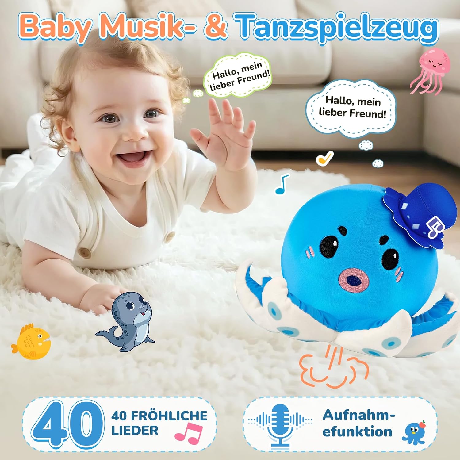 SAIMAND Octopus Baby Toy, 6-12 Months, Musical Crawling Toy | Cuddly toy, recording function, 40 melodies, bounces and crawls, tummy time toy, gift for girls and boys