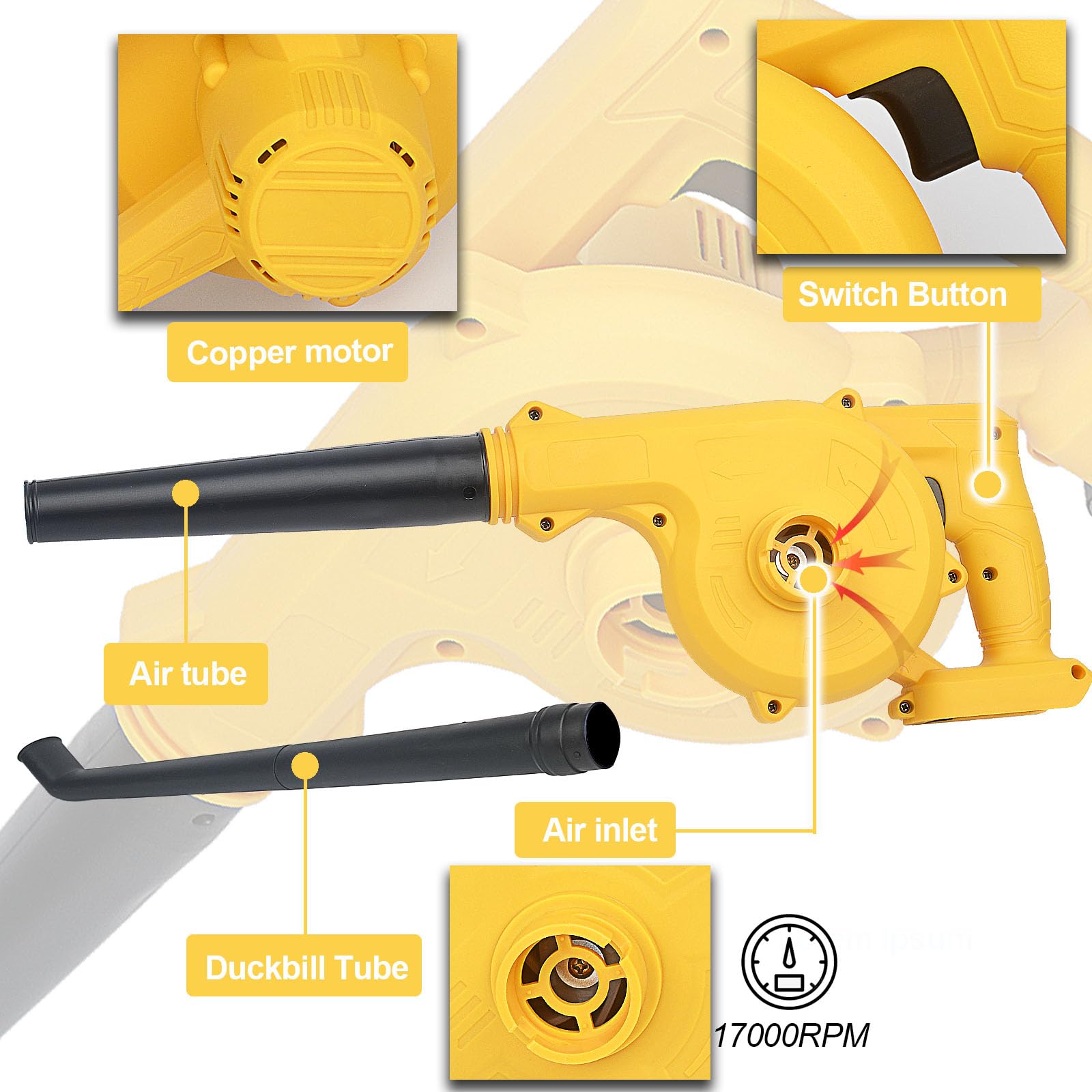 ZDOZITZ Souffleur de feuilles sans fil pour batterie Dewalt 18 V/20 V, souffleur électrique avec buse en bec de canard, soufflage et aspirateur 2 en 1 pour feuilles de jardin, nettoyage de voiture