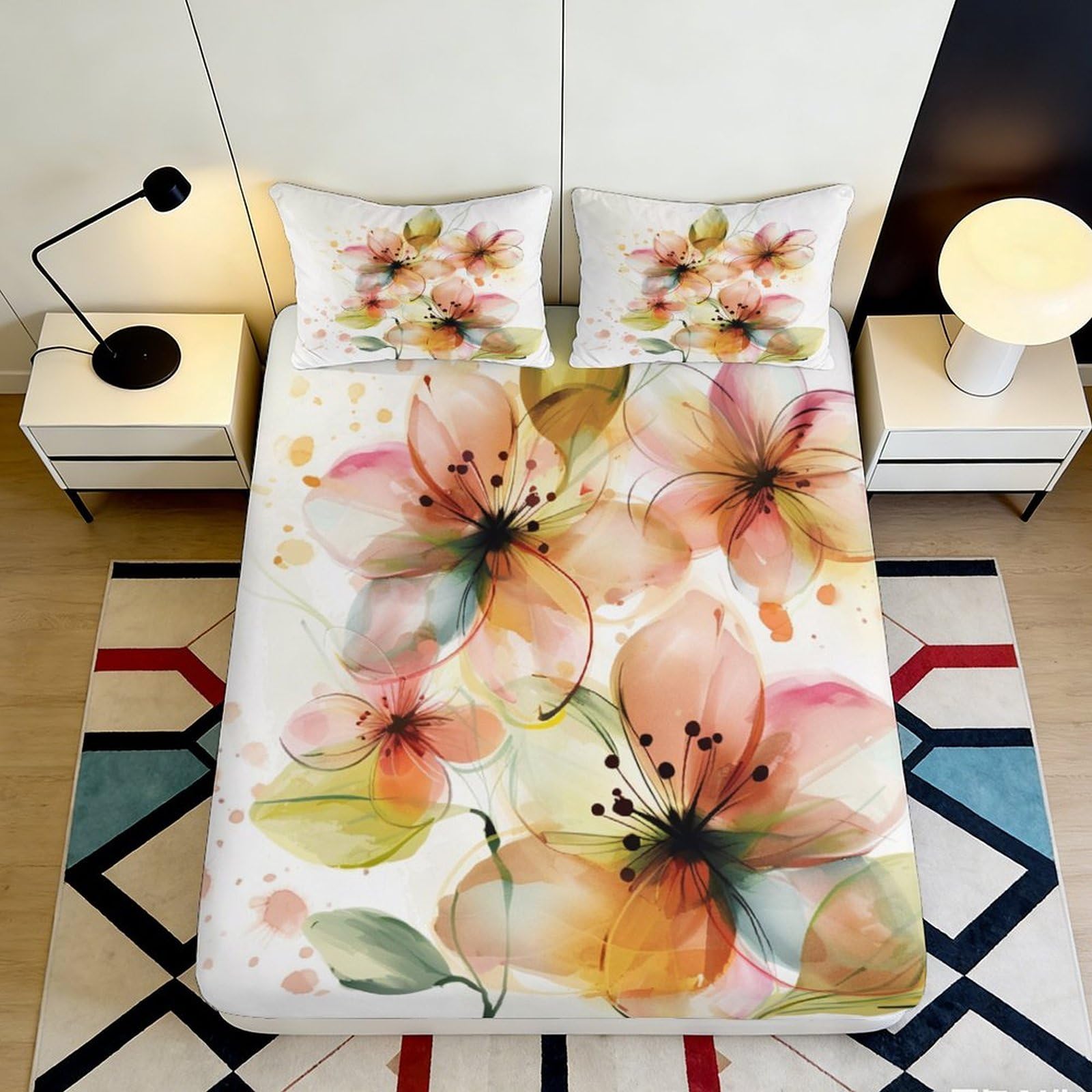 3D Printed Watercolor Floral Fitted Sheet Microfiber Soft Breathable Abstract Flowers Bed Cover for Bedroom Dormitory Guest Room Mattress Protection Decor 200x200x25cm