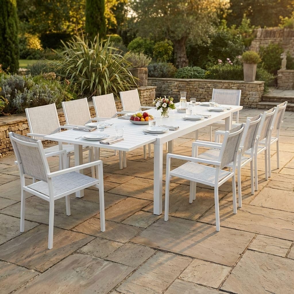 MilaniHome.it - Set Tavolo Giardino Rettangolare Allungabile 200/300x100 con 10 Poltrone in Alluminio Bianco da Esterno Giardinodi coloreBianco