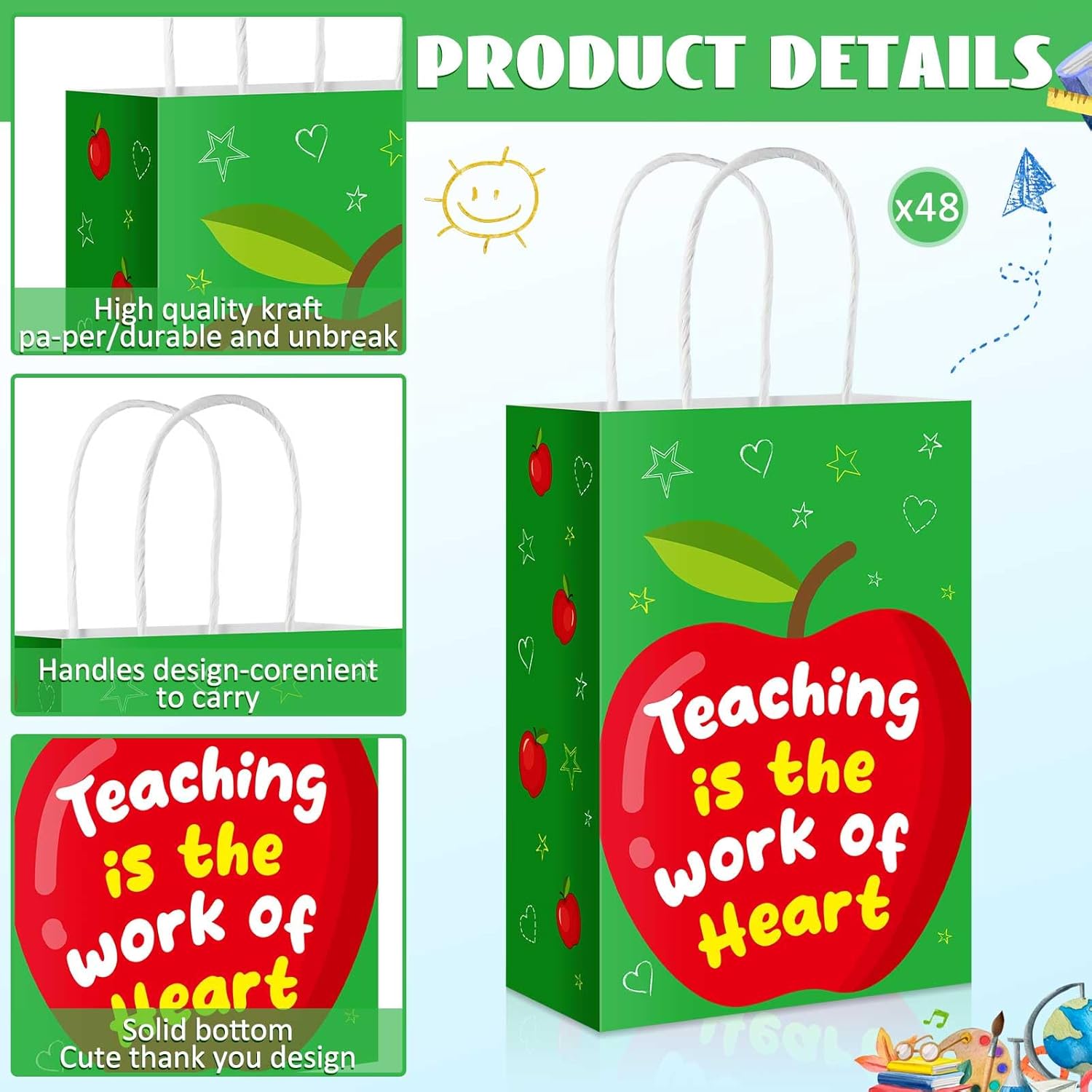 Yeaqee 48 Pcs Teacher Appreciation Gift Bags Bulk with Handles, 8.3 x 6 x 3.1 Inch Thank You Treats Paper Bags for Back to School End of The Year Graduation Teachers' Day Gift Classroom Party Favors