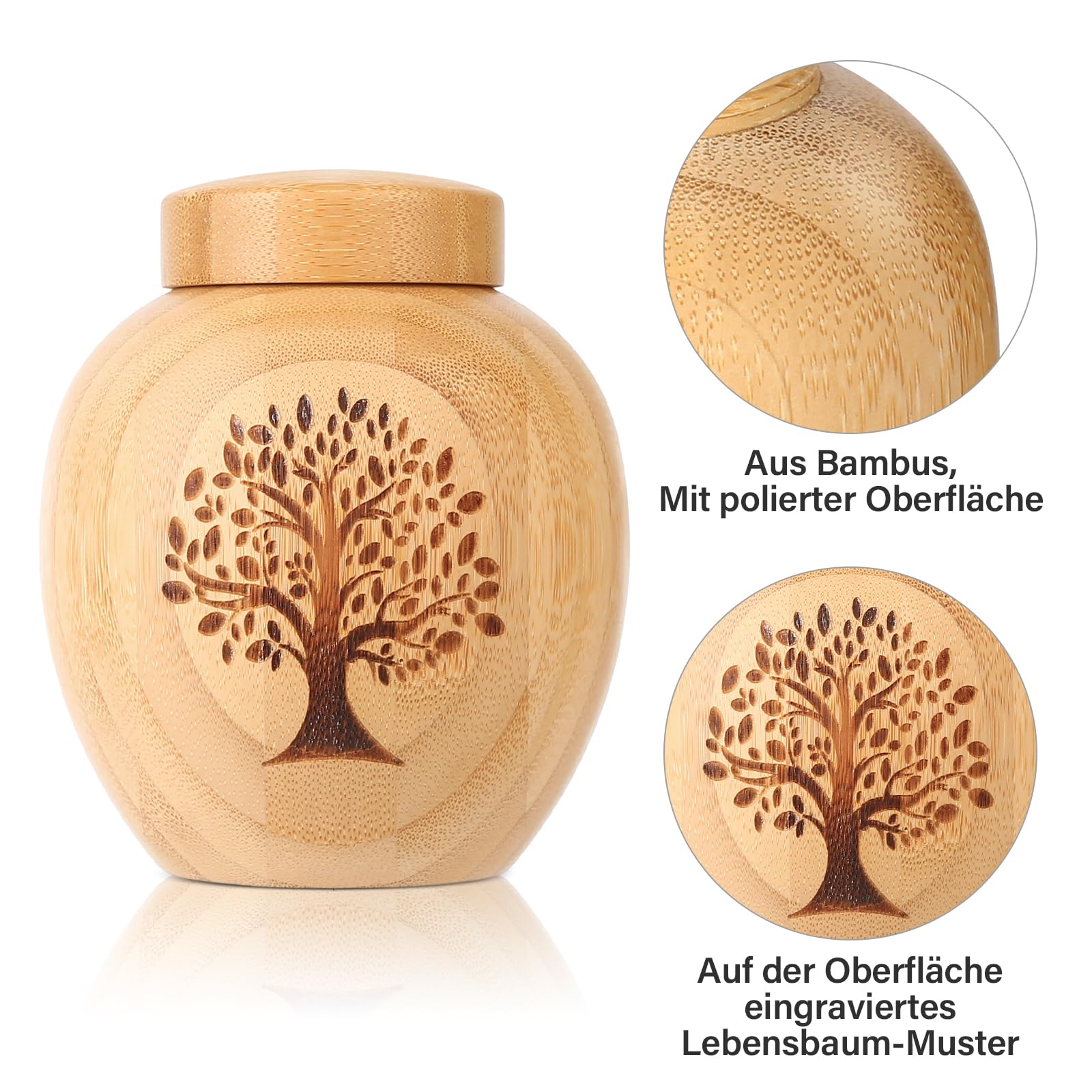 Piccole urne per cenere umana o animale domestico, in bambù, piccole urne souvenir con albero della vita, incise, piccole urne per cani e gatti