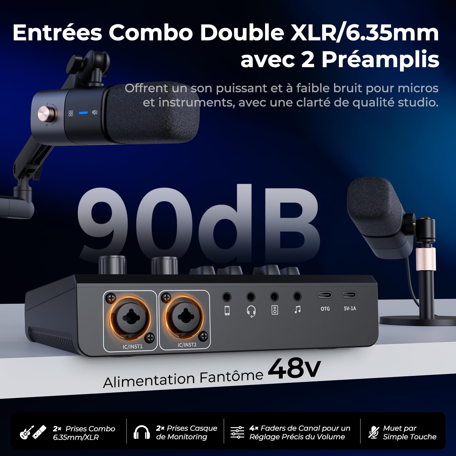 NearStream Table de mixage gaming avec préampli micro, double entrée XLR/6.35mm, 48V, RGB, changeur de voix, pads, loopback – Interface pour stream, podcast, musique (AMIX20U)