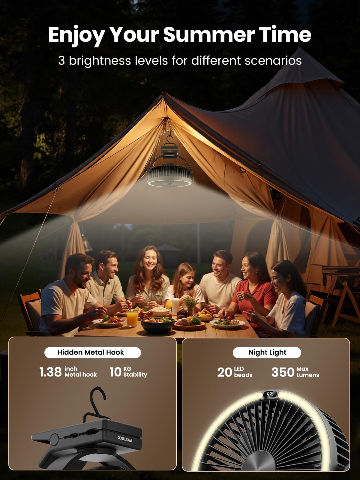 Warmco Ventilateur portable rechargeable à clip de 15000mAh, ventilateur de bureau alimenté par batterie de 20,3 cm, lanterne LED et crochet, rotation à 360° et 4 vitesses avec fort débit d'air pour