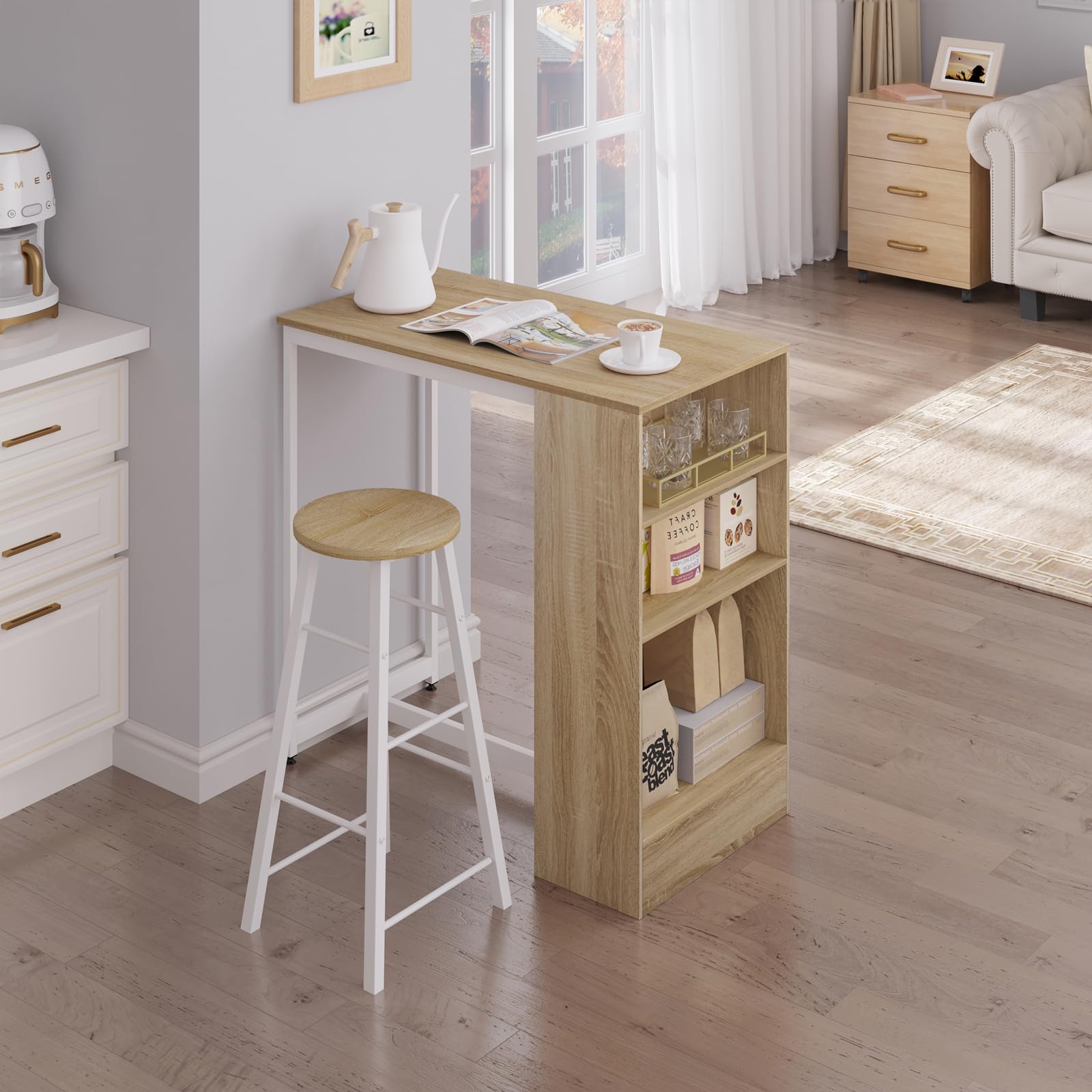 WOLTU Bartisch 90 x 50 x 90 cm, Stehtisch mit 3 Ablagen, Bistrotisch Bartheke aus Metall & Holz, Küchentheke Tresentisch für Bar Küchen Wohnzimmer, Helle Eiche+Weiß