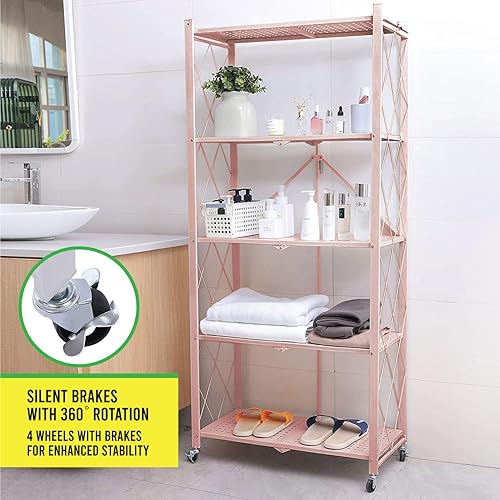 Miniatura 5 de Estantería plegable con ruedas y roturas  Estante plegable resistente con marco de metal para despensa  Estantería de origami  Estantería sin