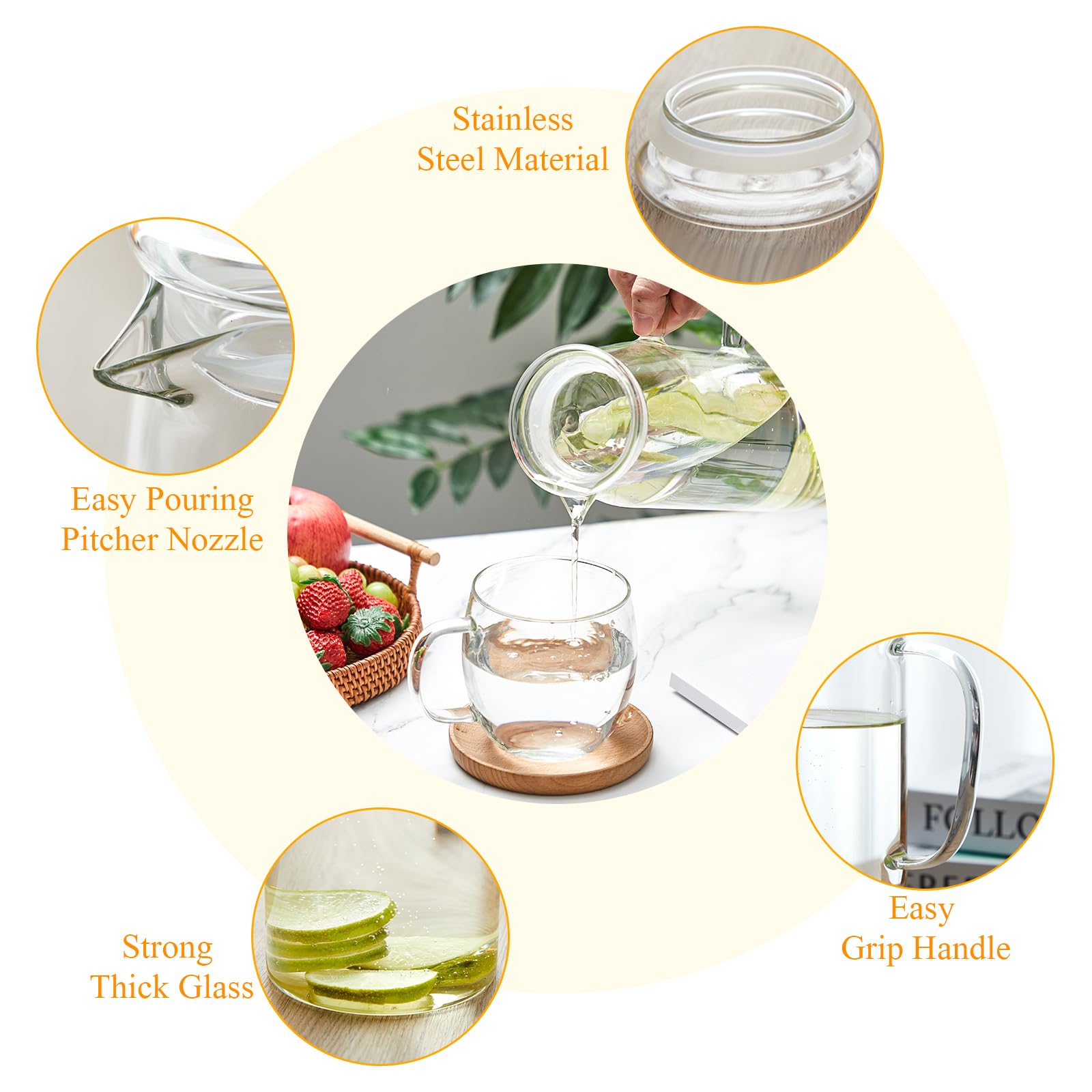 Hsei Lot de 2 pichets en verre avec couvercle - Carafe à eau avec poignées - Pour thé, jus, lait, café, boissons glacées (couvercle en verre)