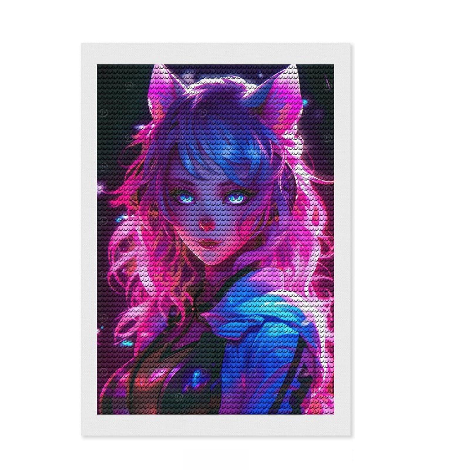 Junmoney Cat Girls Pink Neon Anime Crystal Diamond Art Kit 8"x12", Festive Craft Gift, Aesthetic Room Decor, with Tool Kit, Creative Gift Idea