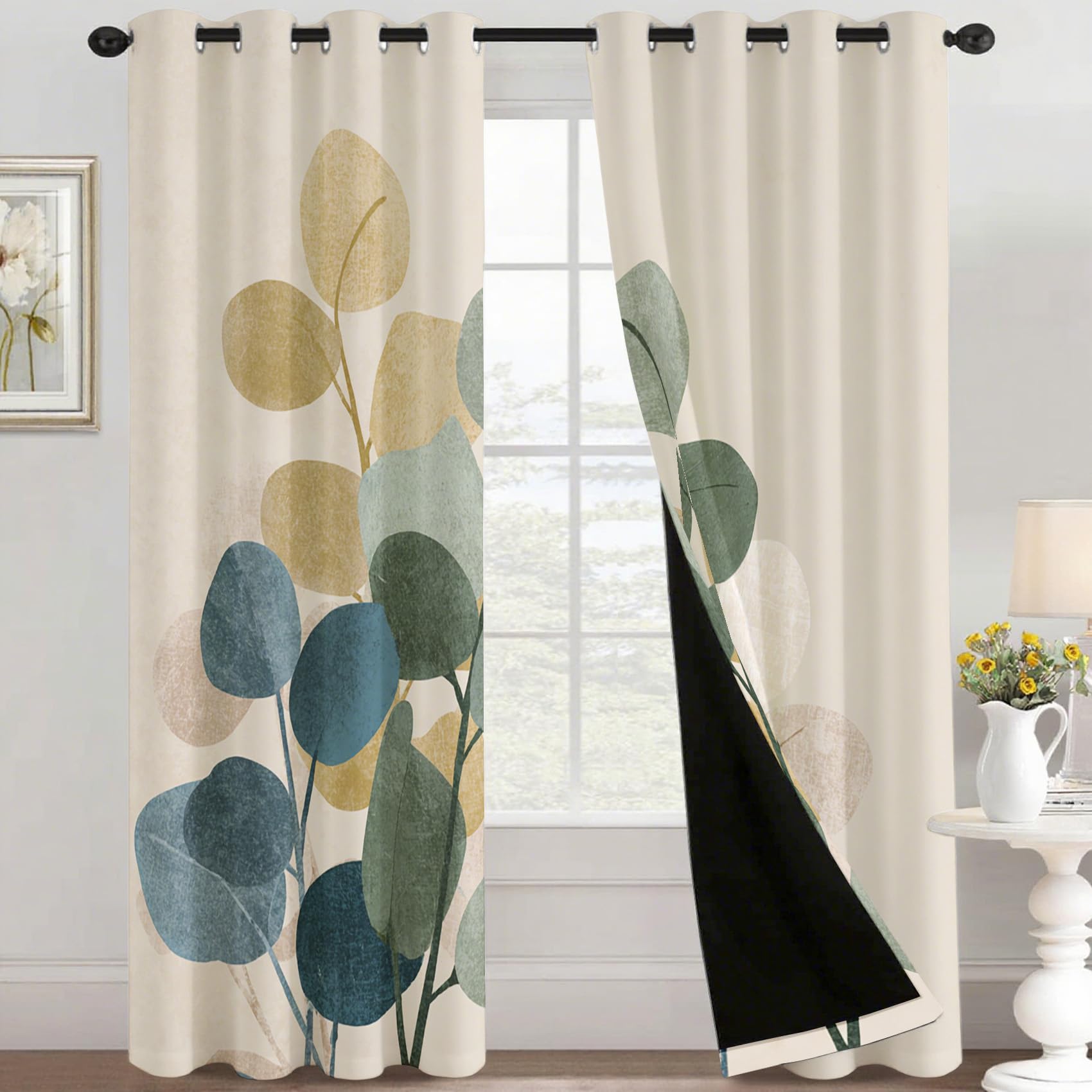 Generisch Eukalyptus Blätter Gardinen Blickdicht 2er Set, Vorhänge Blattmuster Landhausstil Motiv mit Ösen, Wohnzimmer Schlafzimmer Deko, Thermovorhang Verdunkelung, H 175 x B 140 - H443