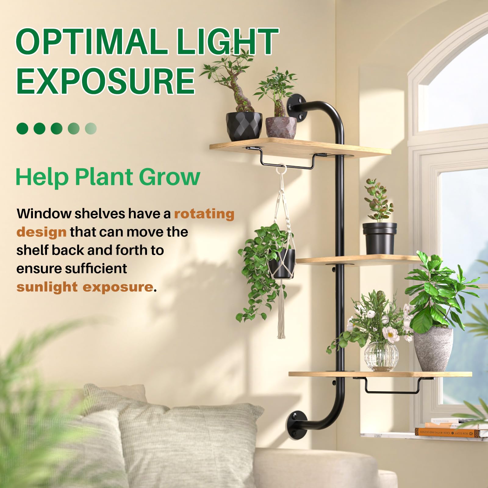 Estantes para plantas de ventana, estante giratorio para ventana, estante para plantas colgantes de interior montado en la pared (3 niveles) 4