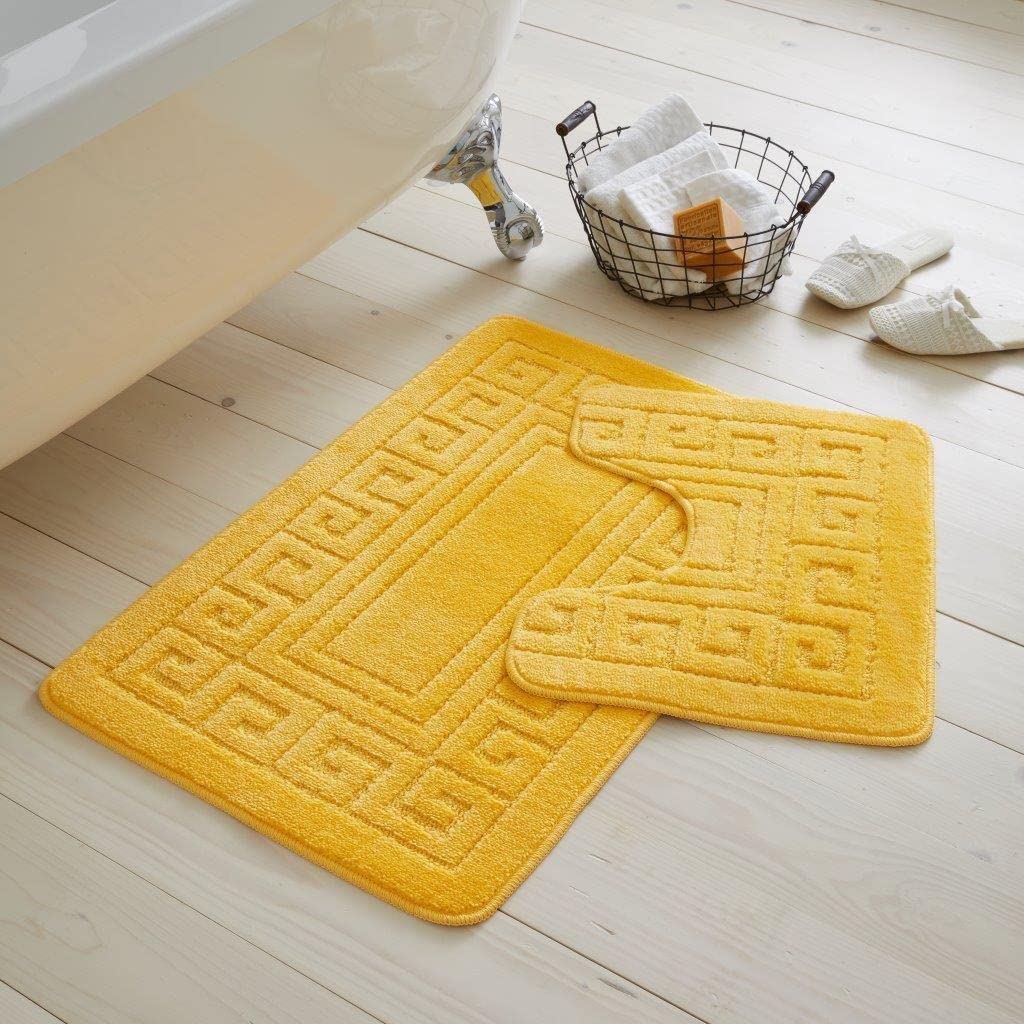 Artistic Fashionista Limited 2 Pieces GREEK Bath Mat Rugs for Bathroom - Non Slip Anti Mould Bath Mat Set - Soft - Extra Water Absorbent Pedestal Ultra Plush Bathroom Mats Toilet Shower Set (Lemon)