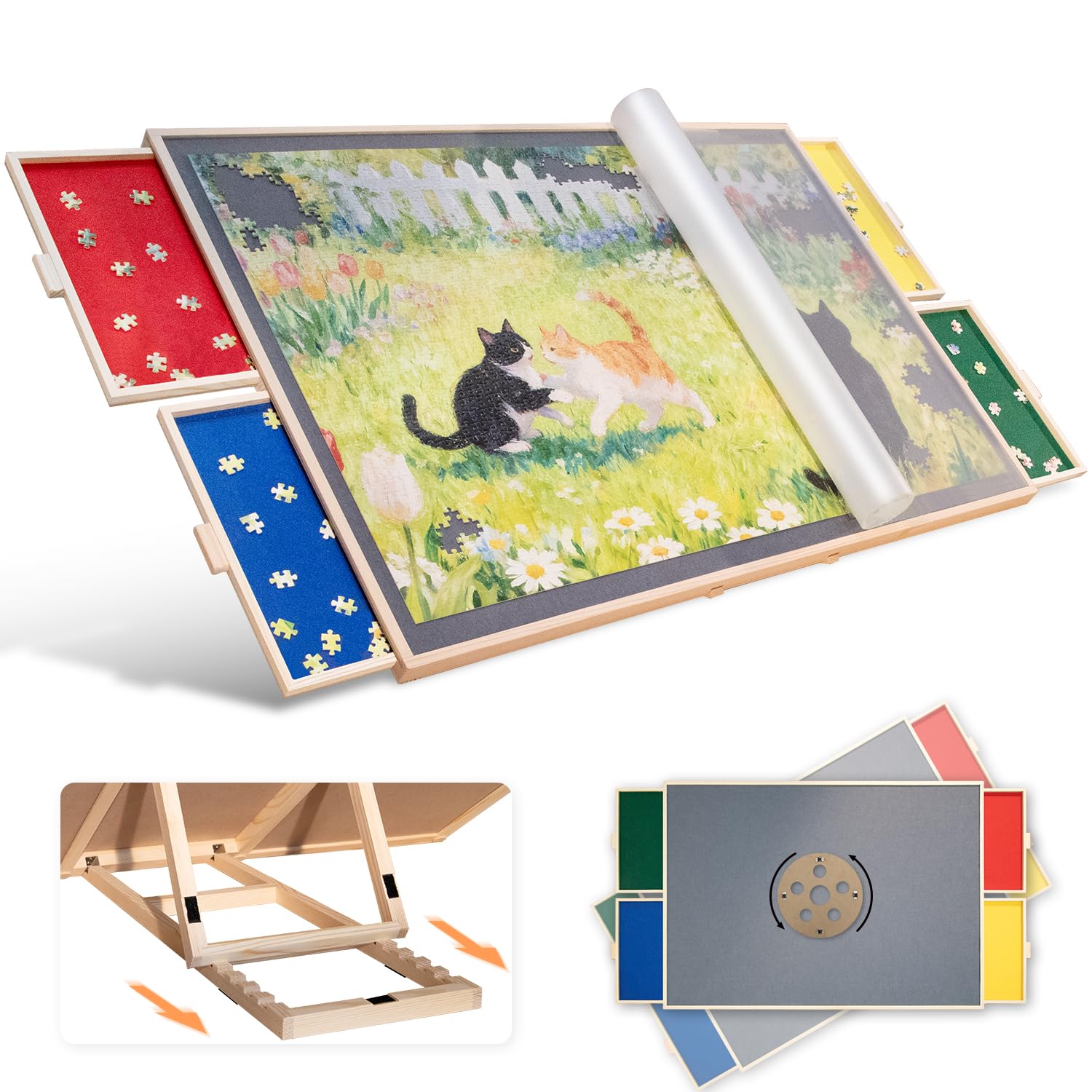 Tilting Rotating Jigsaw Puzzle Table for Adults - Portable Wooden with Non-Slip Tabletop & Colorful Felt Drawers