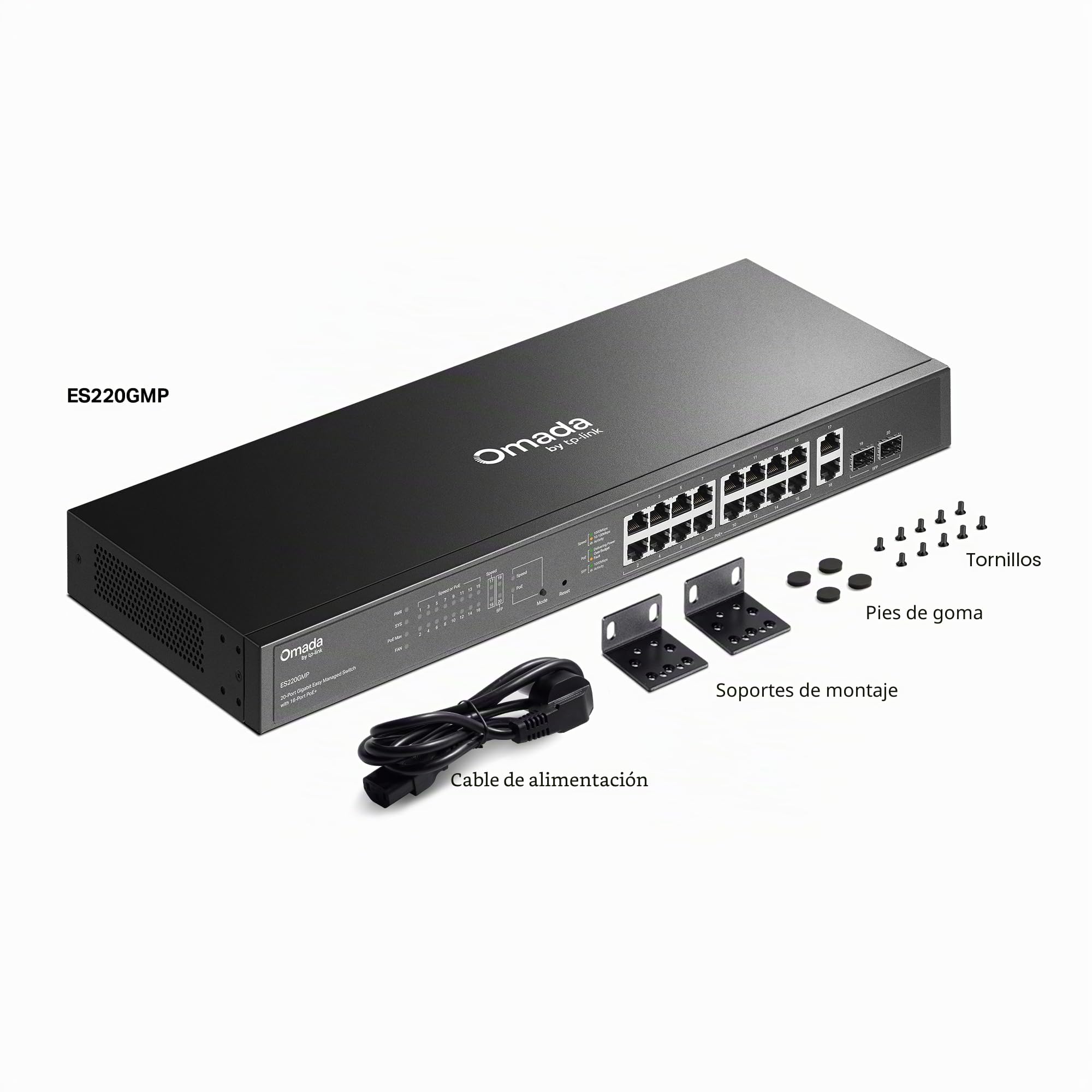 TP-Link Switch Gigabit PoE de 16 puertos (ES220GMP) | 16 puertos PoE+, 2 puertos de enlace ascendente, 2 puertos SFP | Presupuesto de 250 W | Omada Free Easy Remote Cloud Managed | VLAN, ZTP, PoE Auto