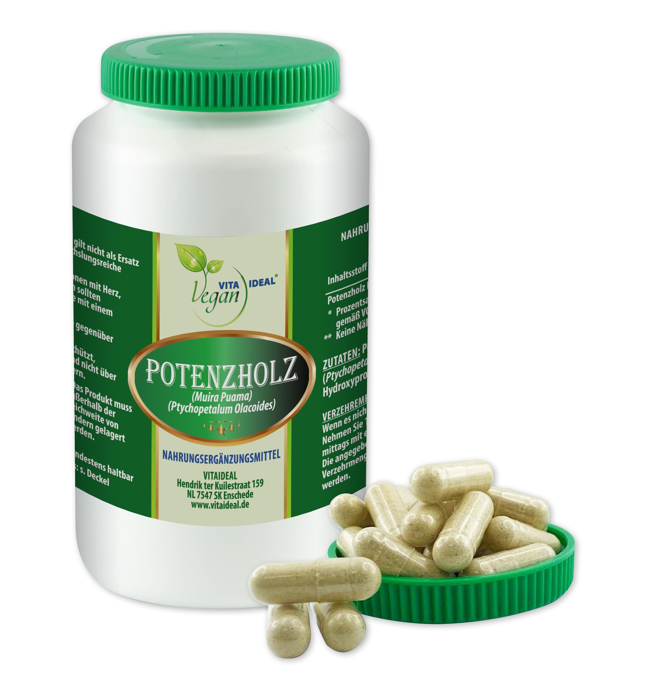 VITA IDEAL Vegan® POTENZBAUM 360 KAPSELN - Muira puama - Potenzholz - Ptychopetalum olacoides - Tagesportion 740mg - POTENZ - HOLZ reines Pulver. Pflanzlich, natürlich & ohne Zusatzstoffe.
