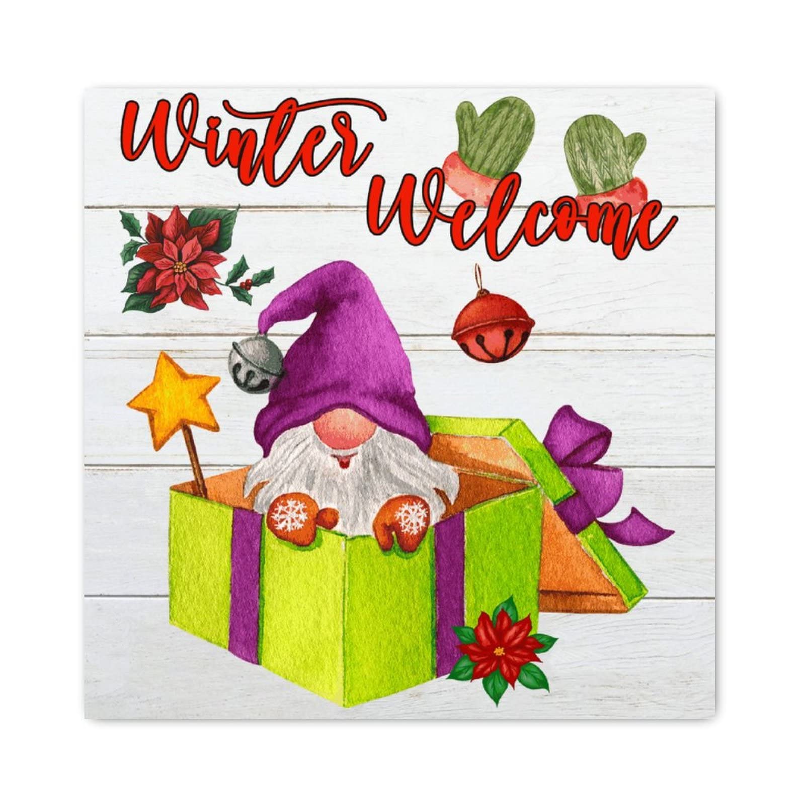 Panneau en bois Welcome de Noël avec nain décoratif pour salon 30x30 cm