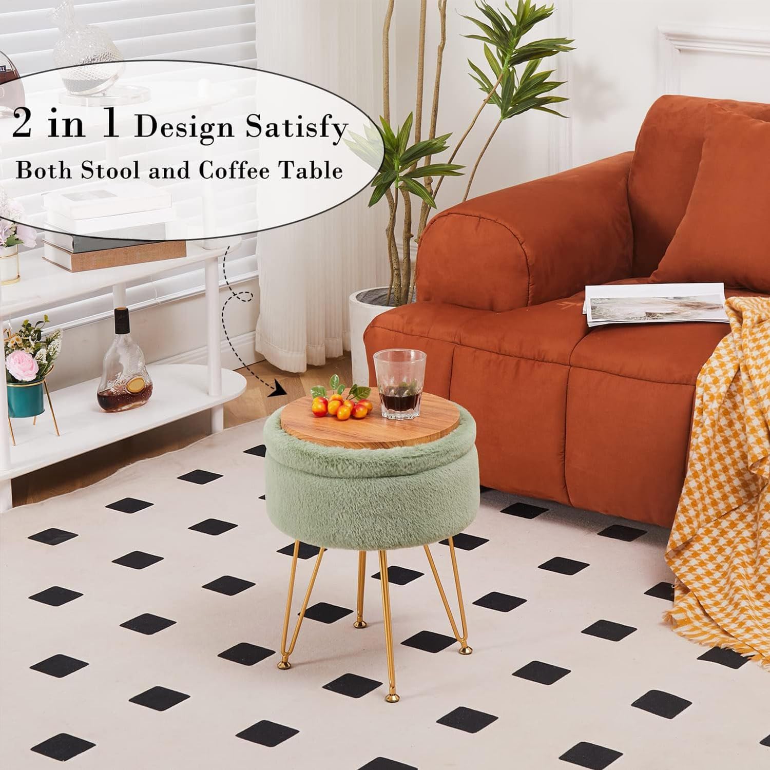 Cplxroc Footrest Footstools Round Faux Fur Ottoman with Storage Space Soft Vanity Chair Seat Coffee Table Ottoman Small Side Table with Adjustable Footings (Green) - Image 5