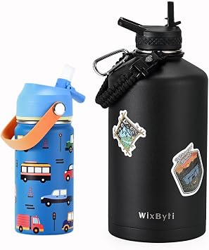One Gallon Water Bottle Insulated, Kids Water Bottle 14oz with Silicone Straw Lid