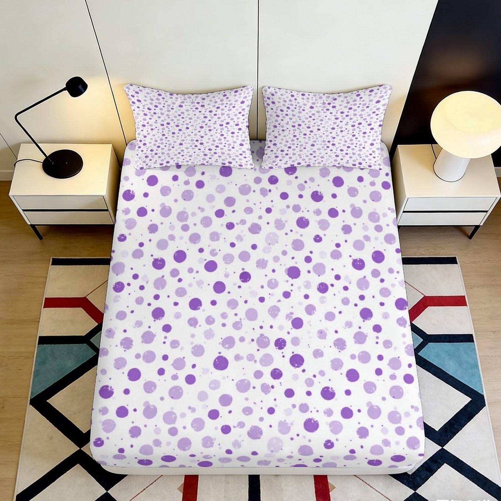 3D Printed Purple Polka Dot Fitted Sheet Microfiber Non-Slip Mattress Cover, Bedroom Dorm Decor, Easy Care 180x200x25cm
