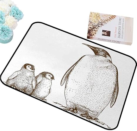 Amazon ホームドアマット海の動物 彫刻アンティークイラストキングペンギンと赤ちゃんペンギン寄り添う自然 オリーブグリーン退色 80x50cm 玄関マット オンライン通販