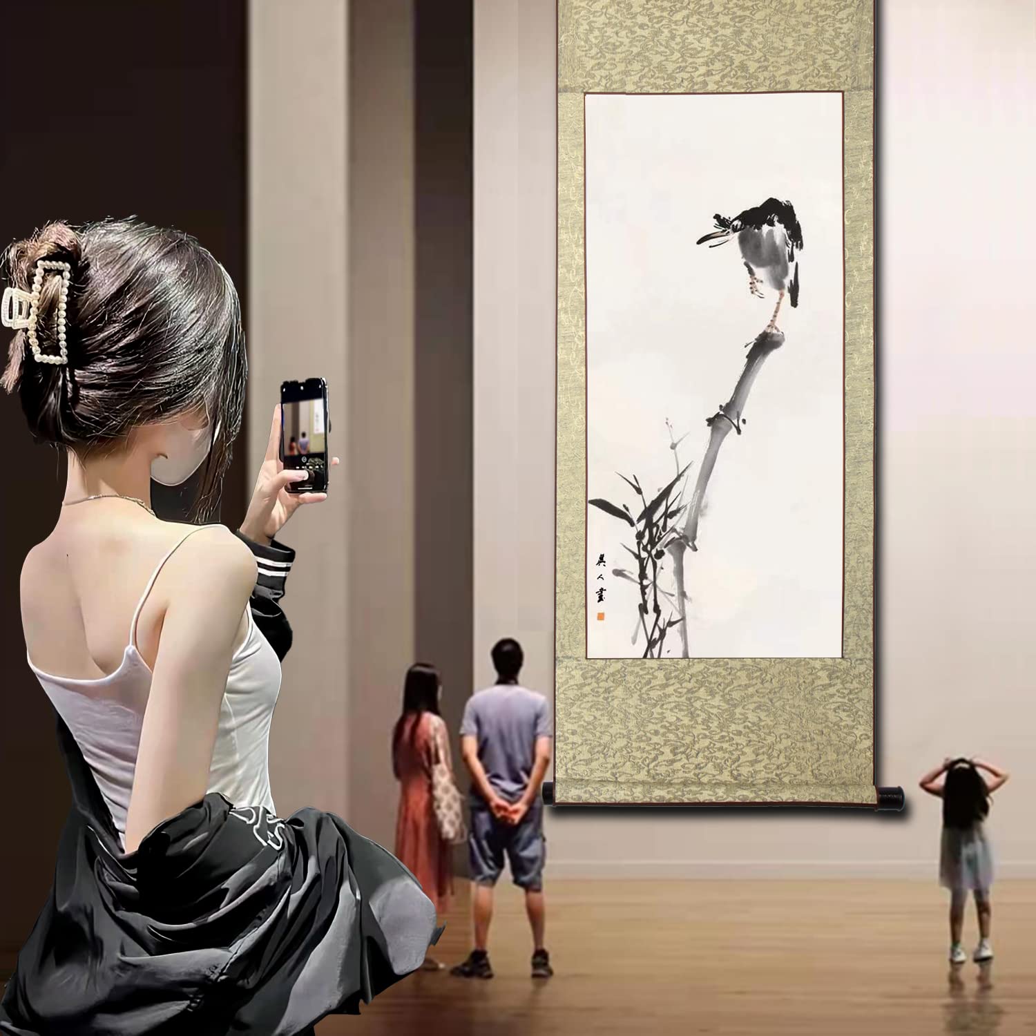 大型墨絵掛軸 鳥と自然 大型墨絵掛軸 鳥と自然