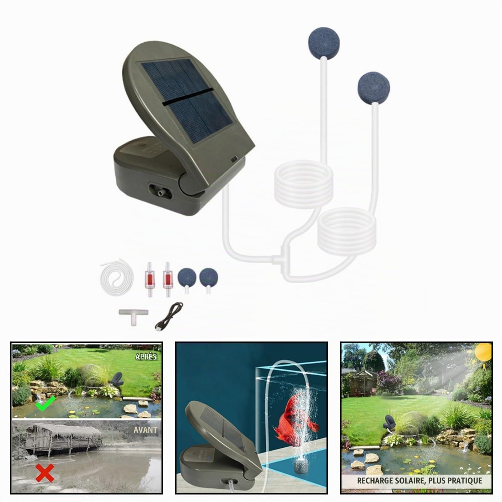 Aérateur de bassin solaire, pompe de bassin solaire pour extérieur, pompe à oxygène solaire multi-mode aérateur d'aquarium aérateur portable