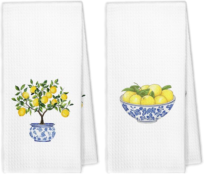 Chinoiserie Decor Lemon Kitchen Towels Set of 2, Blue and White Porcelain Lemon Tree Dish Hand Tea Towels, Lemons Chinoiserie Decorative Towel for Bathroom Kitchen, 16x24 Inch