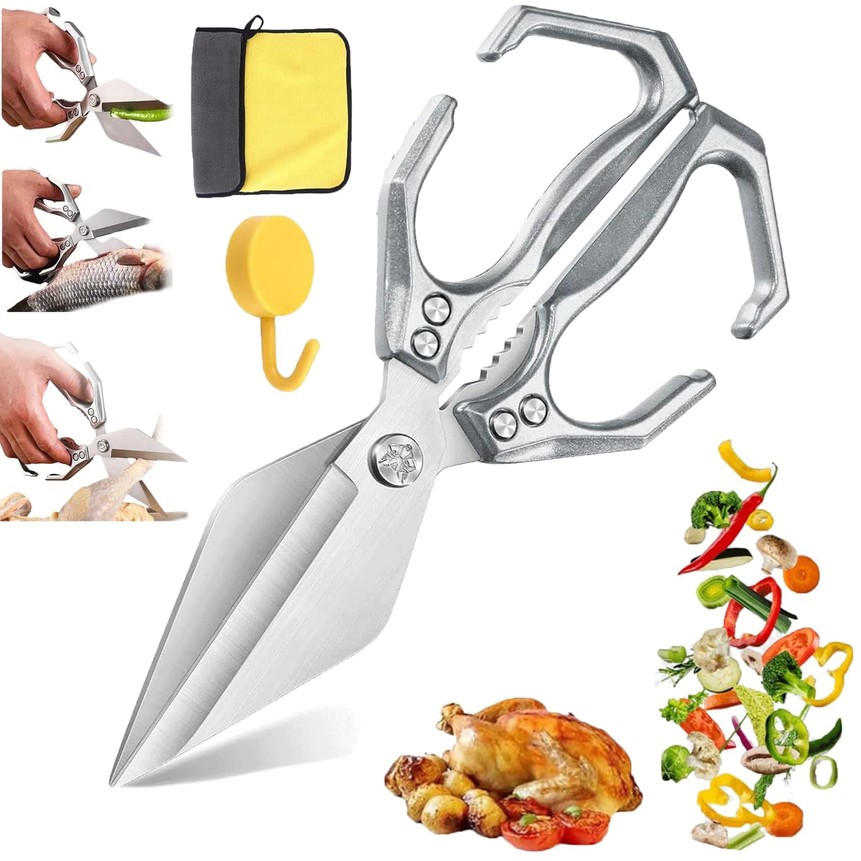 Multifunctional Heavy-Duty Kitchen Shears,Kitchen Scissors for Cutting Food & Bone with Ergonomic Handle,High-Carbon Steel Culinary Shears,Ideal for Cutting Chicken,Meat,Seafood,Bone (Red)