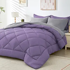 HEVUMYI King Comforter Set - 7-Piece All Season Bed in a Bag King, Ultra Soft Bedding Set with Comforter, Flat Sheet, Fitted Sheet, Pillowcases, Pillow Shams, Purple & Light Grey