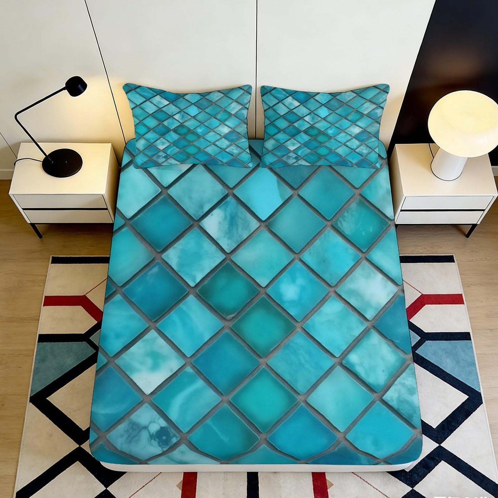 3D Printed Turquoise Geometric Fitted Sheet Microfiber Breathable Abstract Mosaic Mattress Cover for Bedroom Dorm Home Decor 90x200x25cm