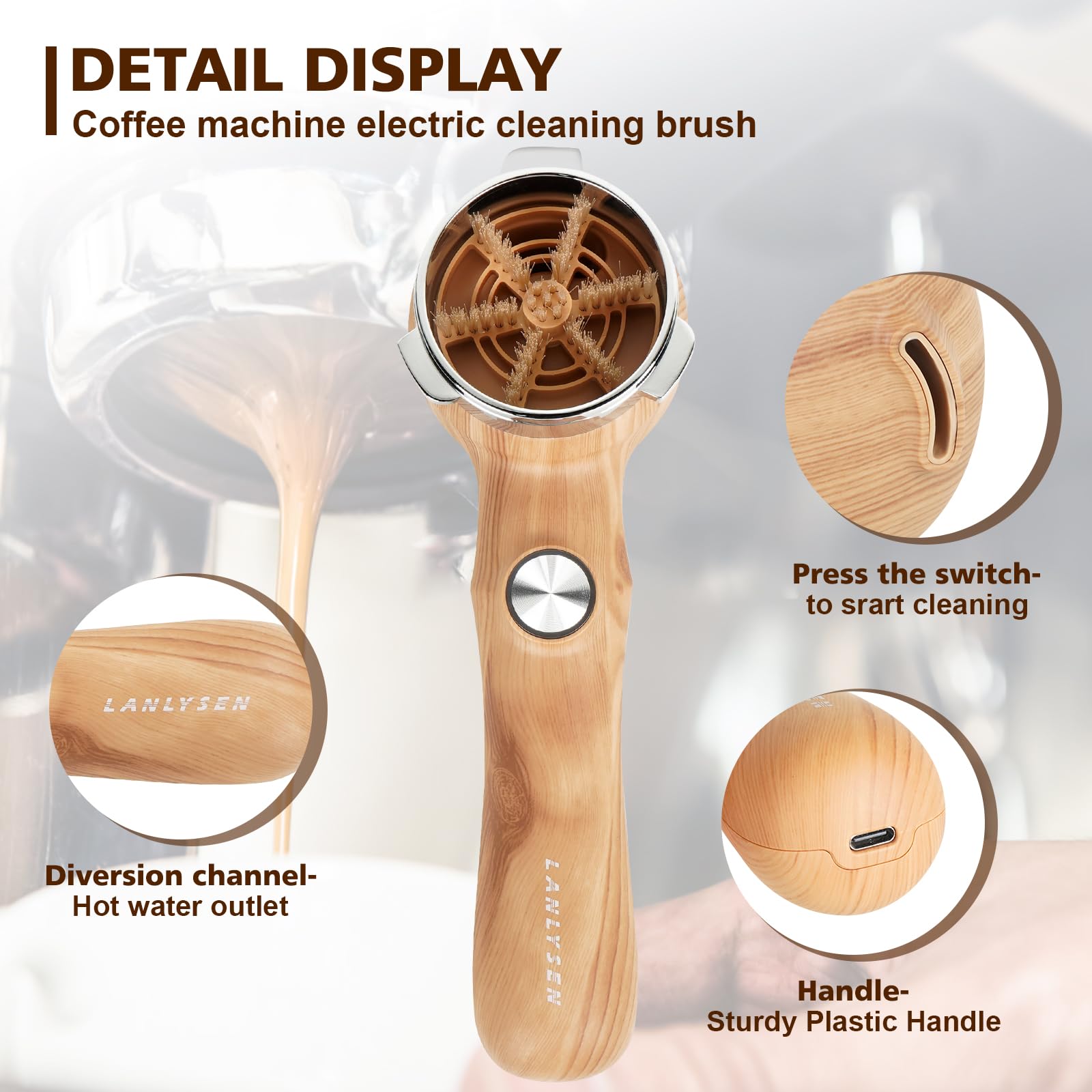 Cepillo de limpieza para máquina de café espresso, color grano de madera, cepillo de limpieza eléctrico, limpieza de 360°, limpieza totalmente cerrada, máquina espresso, cerdas de limpieza eléctrica