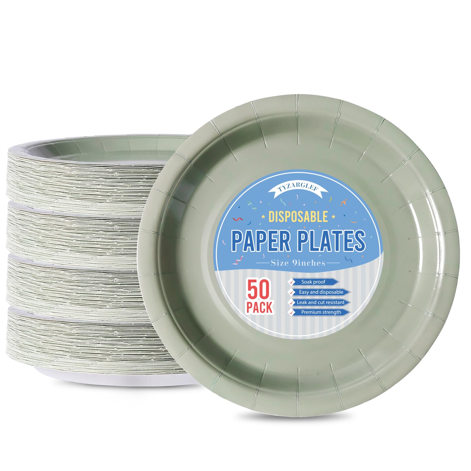 Tyzarglef Disposable Paper Plates Sage Green, 50 Count 9” Dinner Plates Bulk for Party Supplies, Colored and Sturdy Party Plates for Birthday, Wedding