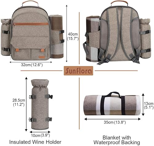 Miniatura 8 de Sunflora Mochila de picnic para 4 personas, paquete con bolsa aislante impermeable para acampar al aire libre familiar (cepillo beige + azul marino)