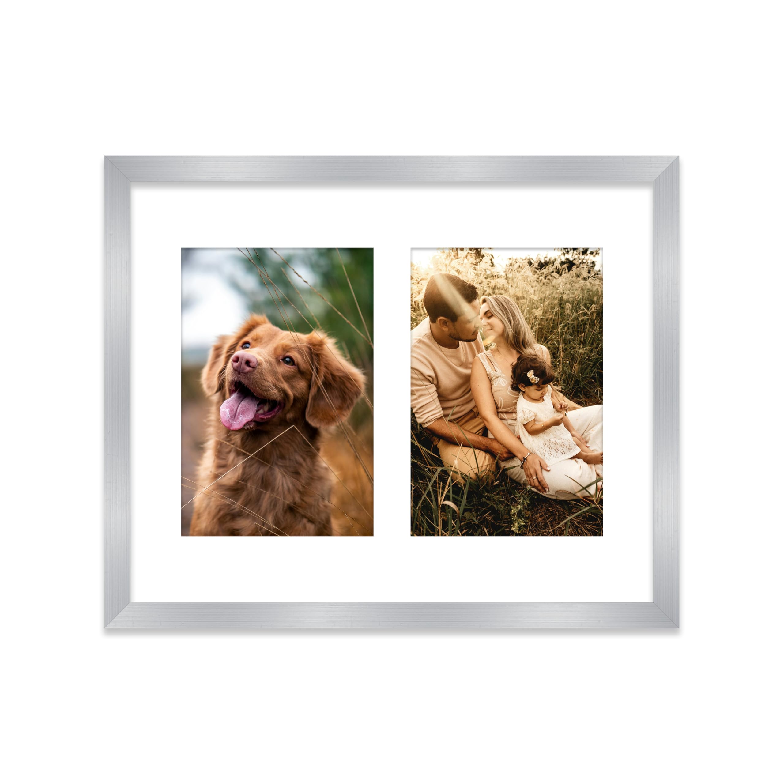 10x8 Inch 2 Opening Photo Collage Frame, Display Two 6x4 Inch Photos, Multi Aperture Family Picture Frame, Thin 22mm Edge, Silver