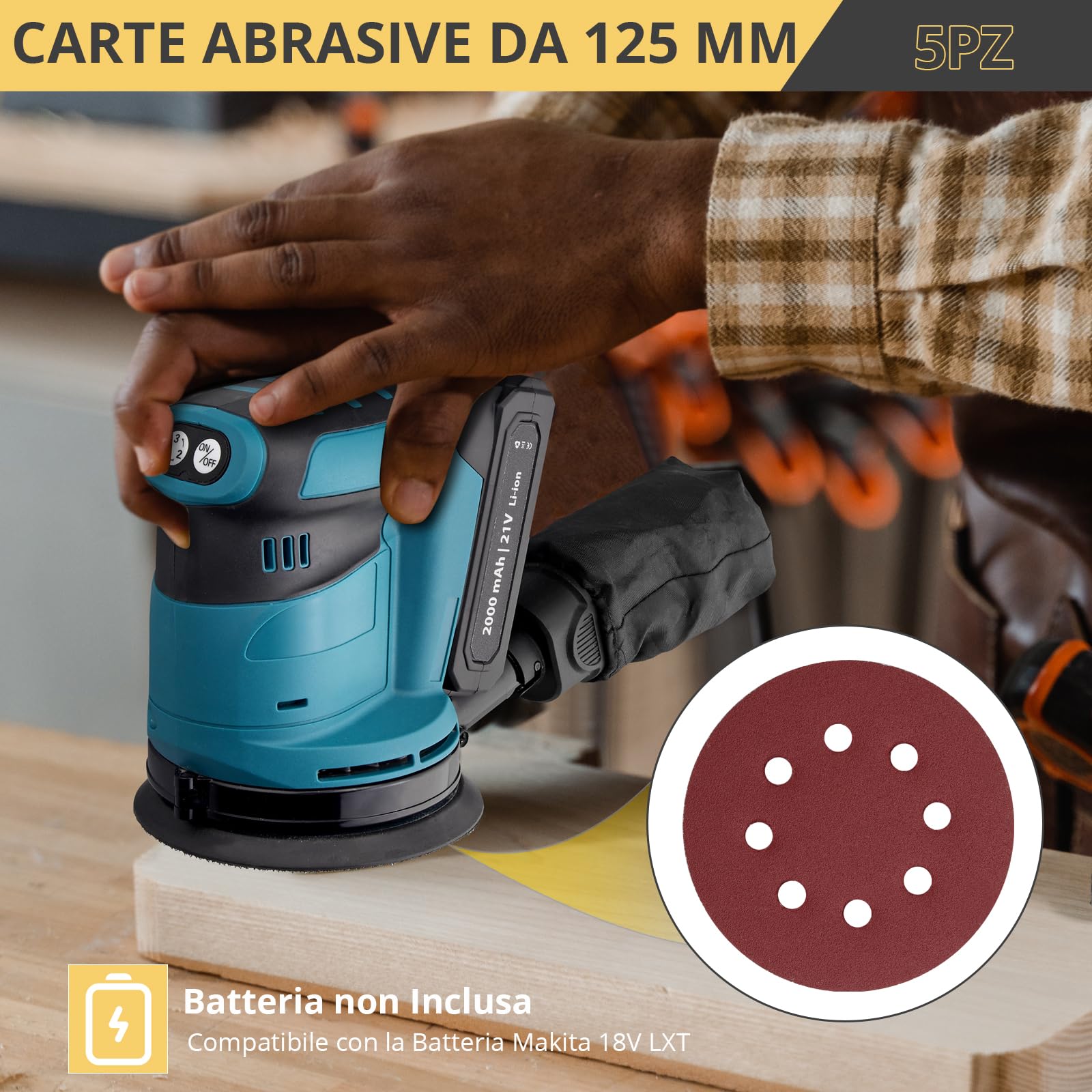 AMTOVL Levigatrice Rotanda Orbitale 3 Livelli Regolabile Levigatrice Professionale per Levigare Cerare Lucidare Legno Metallo Vernice Con 5PZ 125mm Dischi Abrasivi Orbit sander Batteria NON Inclusa