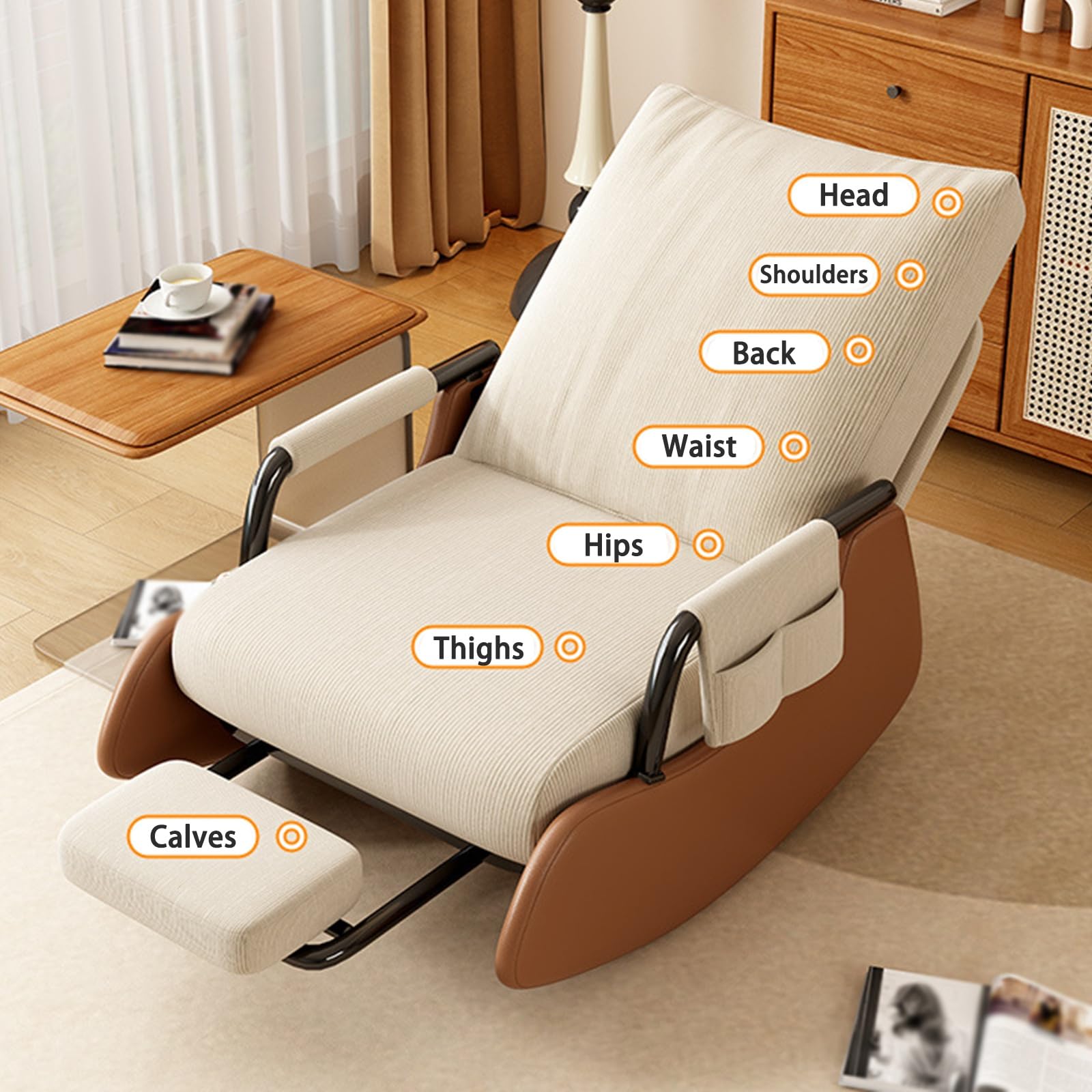 Mecedora de lactancia con reposapiés plegable y bolsillo lateral, sillón ajustable con respaldo alto para un fácil montaje en la sala de estar