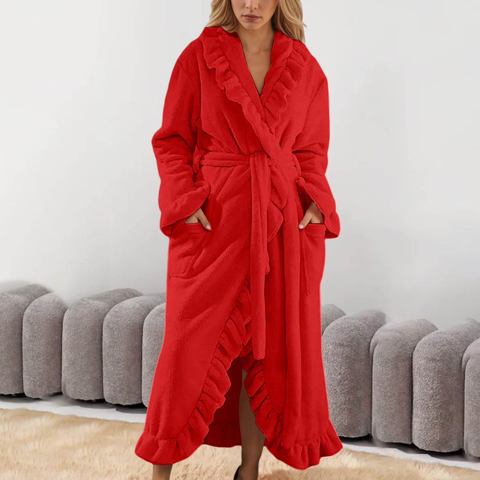 Generisch Accappatoio da donna in flanella, a maniche lunghe, termico, tinta unita, elegante, con tasche, legatura in cintura, per serate accoglienti