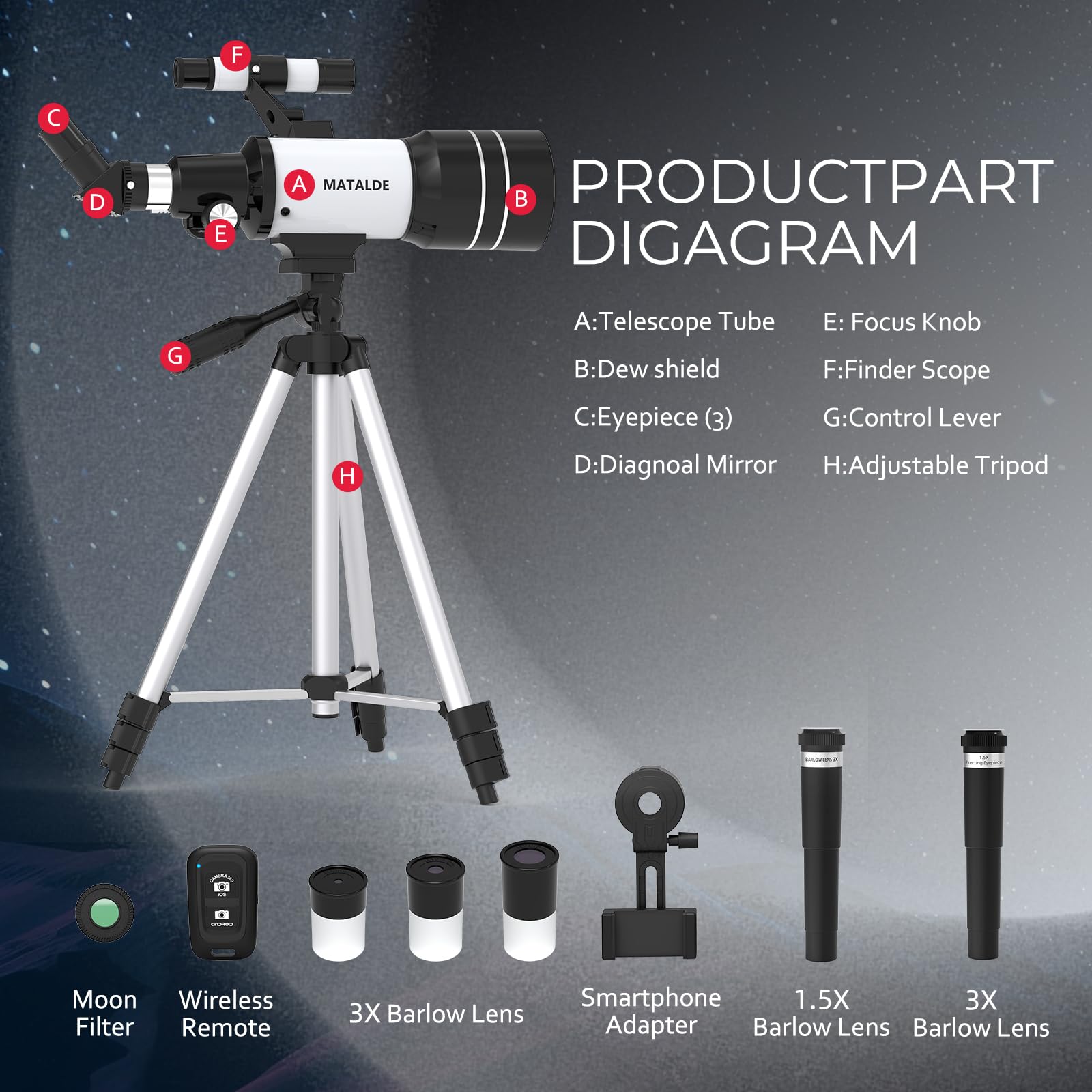 Télescope pour Débutants, Télescope Astronomique Réfracteur 70mm d'Ouverture avec 300mm de Distance Focale, Grossissement 15X-150X, Trépied, Adaptateur pour Téléphone, Télécommande sans Fil